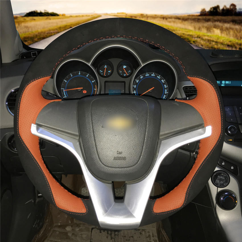 Black suede Orange perforated Leather anti-slip customized car steering wheel cover For Chevrolet Cruze - Aveo 2011-2014