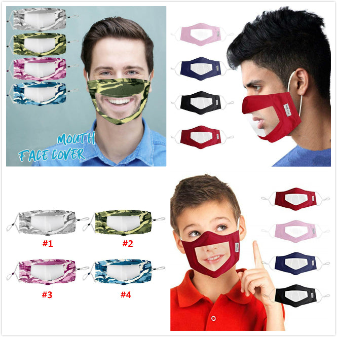 Camouflage Deaf-mute Mask PVC Transparent Face masks Adjusting Dustproof Mouth masks Washable Earloop Face Breathing Cotton Mask DHL UPS