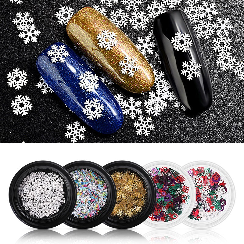 5 Styles Winter Christmas Snowflake Nail Sequins Gold Metal Glitter Nail Tips Manicure Snow Flower Decoration Accessories F577