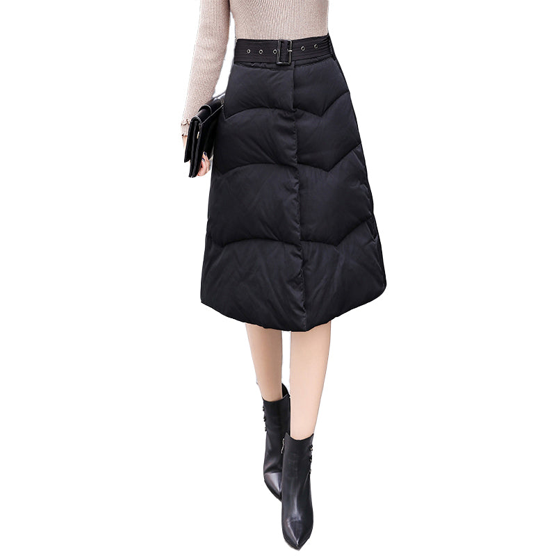 Women Down Cotton Skirts Winter Skirts For Women Warm Skirt With Sashes High Waist Casual Thicken A-Line Skirt Lady S-2XL