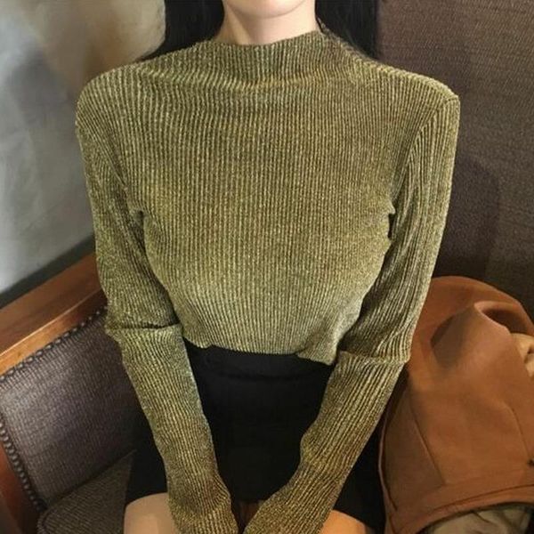 new women tops Long Sleeve Show Thin Shiny Glitter Bling Joker Pleated Metal Base T Shirt Woman