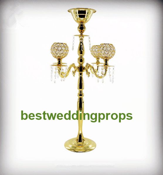 Gold Silver Candlestick five holder Wedding Prop Candle Holders Table Ornament Candelabra With Crystal Pendants