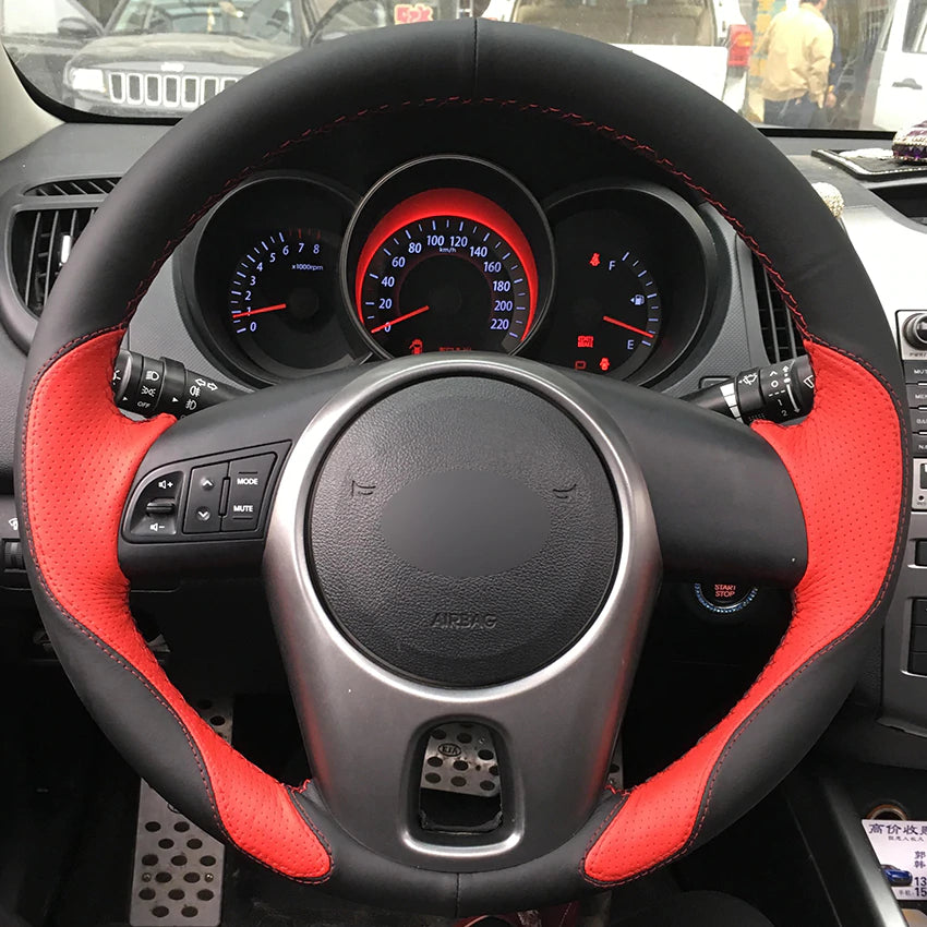Black Leather Red Leather Car Steering Wheel Cover for Kia Forte 2009-2014 Soul 2010-2013 Rio 2009-2011