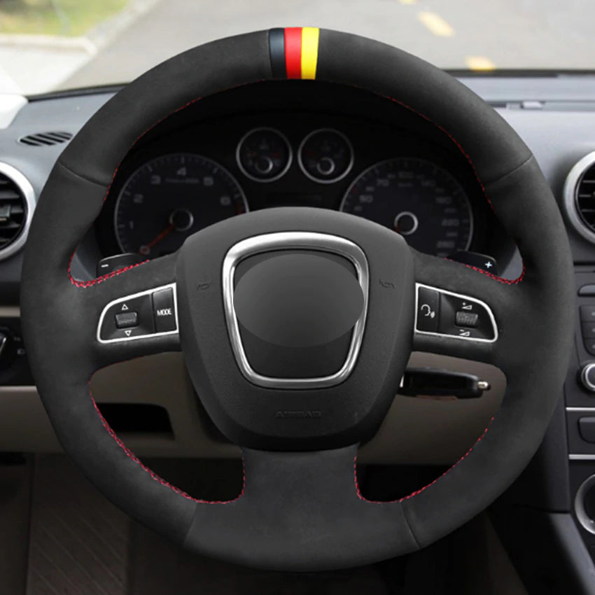 Black Suede Car Steering Wheel Cover for Audi A3 (8P) 2008-2013 A4 (B8) 2008-2010 A5 2008-2010 A6 (C6) 2007-2011