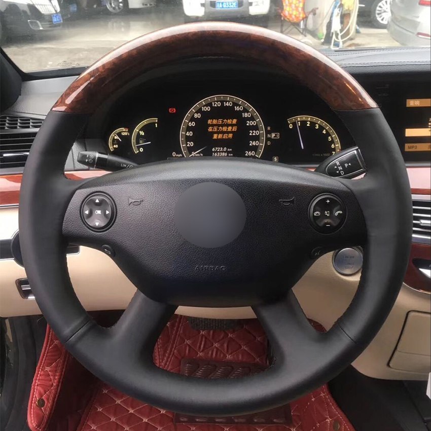 Woodgrain Leather Black Leather Car Steering Wheel Cover for Mercedes-Benz S-Class 2006-2008