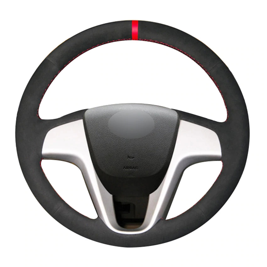 Black Suede Red Marker Car Steering Wheel Cover for Hyundai Solaris (RU) 2010-2016 Verna 2010-2016 i20 2009-2015 Accent