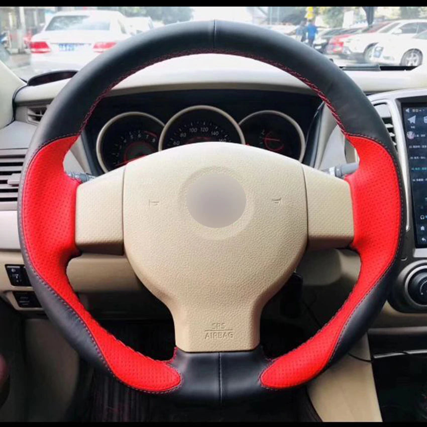 Black Leather Red Leather Car Steering Wheel Cover for Old Nissan Tiida Livina Sylphy Note