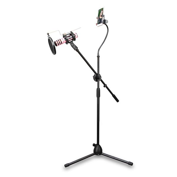 Stand Microphone Tripod Bracket Supporter W- Shock-proof Mount Mic Pop Filter Mobile Phone Holder for Podcast Broadcast Chatting