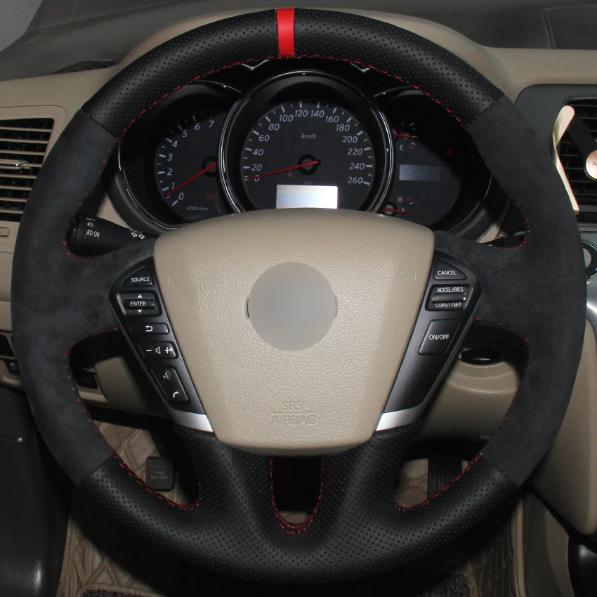 Black Natural Leather Black Suede Red Marker Car Steering Wheel Cover for Nissan Teana 2008-2012 Murano 2009-2014