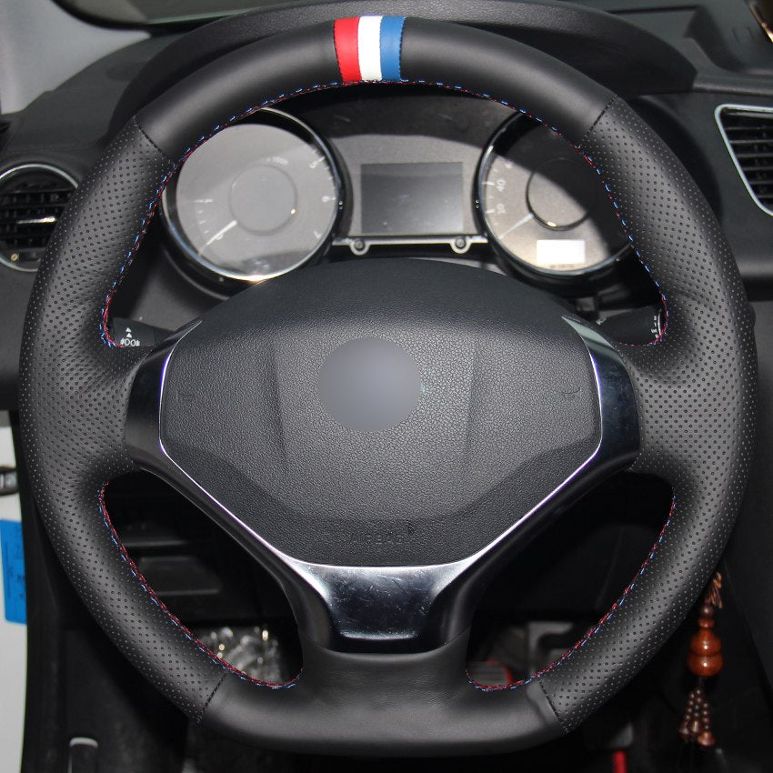 Black Natural Leather Red White Blue Marker Car Steering Wheel Cover for Peugeot 3008 2013-2015