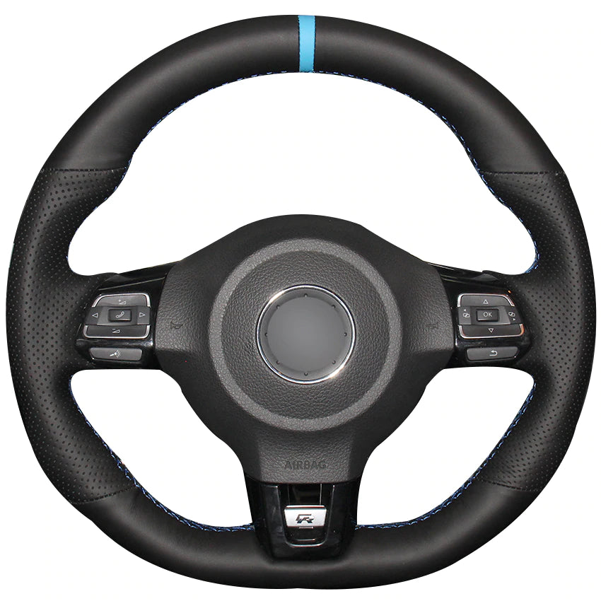 Black Natural Leather Light Blue Marker Car Steering Wheel Cover for Volkswagen Golf 6 GTI MK6 VW Polo GTI Scirocco R Passat CC