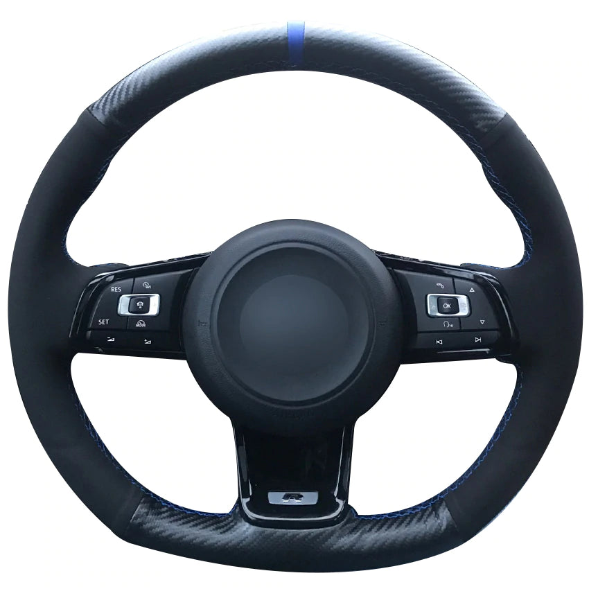Carbon Fiber Leather Black Suede Blue Marker Car Steering Wheel Cover for Volkswagen Golf 7 GTI Golf R MK7 VW Polo GTI