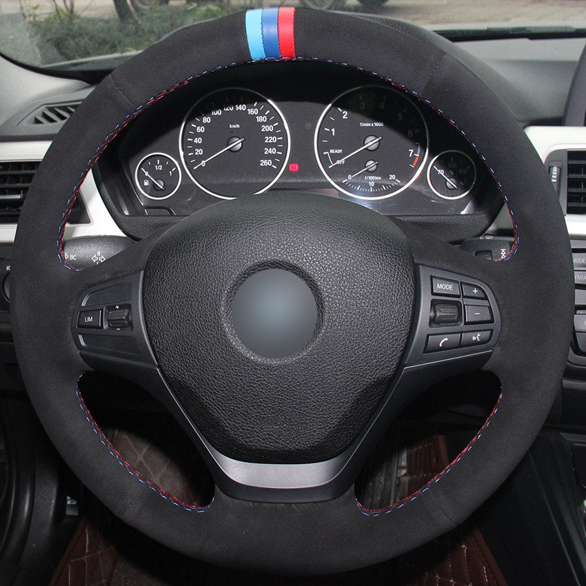 Black Suede Light Blue Blue Red Marker Car Steering Wheel Cover for BMW F30 316i 320i 328i