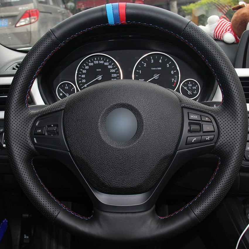 Black Natural Leather Light Blue Blue Red Marker Car Steering Wheel Cover for BMW F30 316i 320i 328i