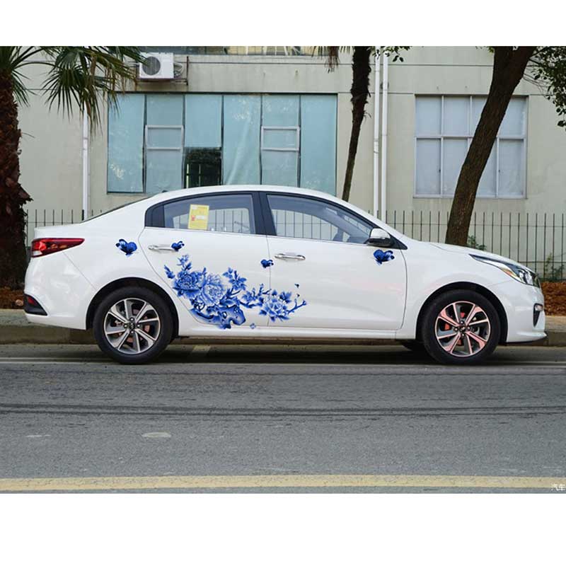 CAR 2PCS-Set Blue Peony Car Body Paste Personality Modified Vehicle Stickers Pull Decals