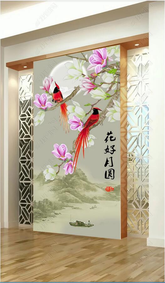 3d wallpaper custom photo New Chinese-style hand-painted magnolia magpie flower good moon round porch muals wall paper for walls 3 d