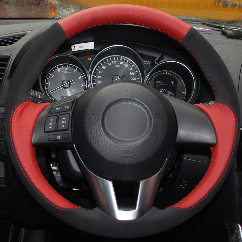 Red Natural Leather Black Suede Car Steering Wheel Cover for Mazda 3 Axela Mazda 6 Atenza Mazda 2 CX-3 CX3 CX-5 CX5 Scion iA