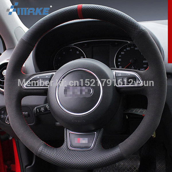 For Audi A1 High Quality Hand-stitched Anti-Slip Black Leather Black Suede Red Thread DIY Steering Wheel Cover