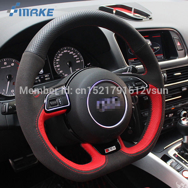 For Audi SQ5 High Quality Hand-stitched Anti-Slip Red Black Leather Black Suede Red Thread DIY Steering Wheel Cover