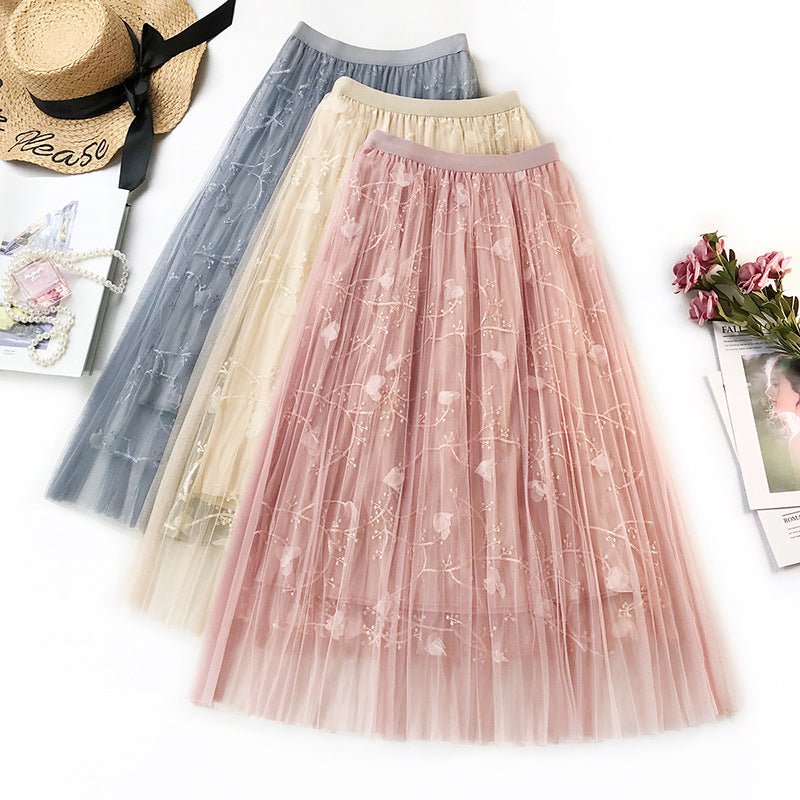 Flower Embroidery Women Summer Mesh Skirts High Waist Boho A-Line Skirt Faldas Jupe Femme Women Long Skirt Saia