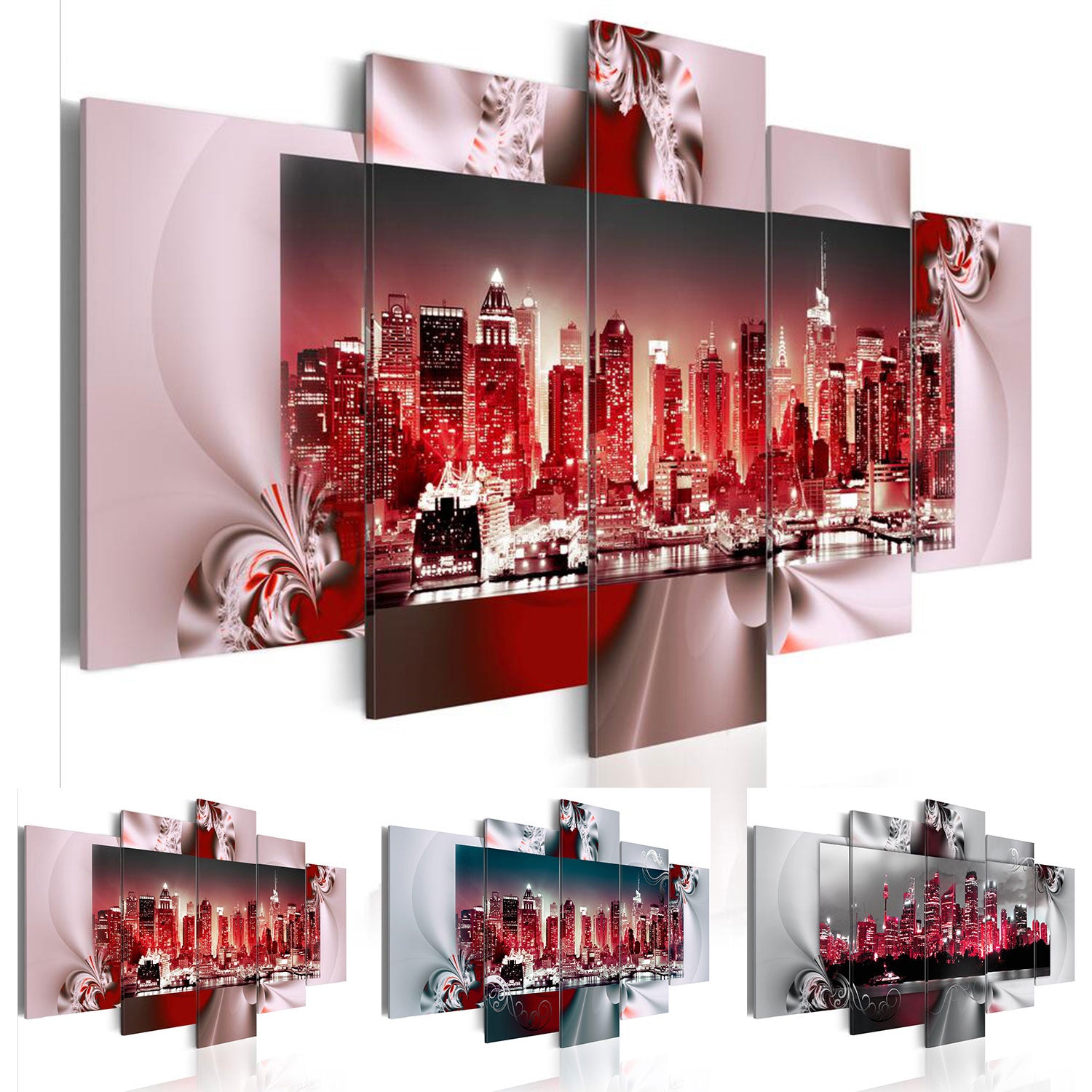 Fashion City Night Building 5 Panels-set Large Hd Picture Canvas Print Painting Artwork Wall Decorative Oil Painting Unframed