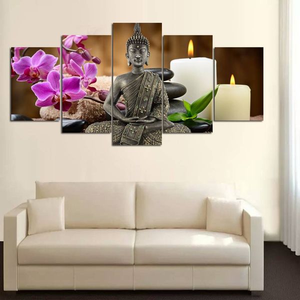 Canvas HD Prints Pictures Home Decor 5 Pieces Buddha Zen Paintings Moth Orchid Candle Posters For Living Room Wall Art No Frame