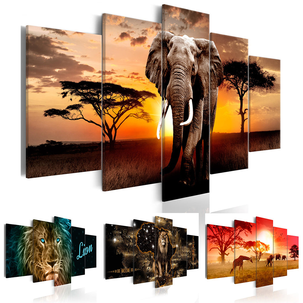 (No Frame)5Panel Animal Painting Pictures Print on The Canvas, Art Wall Decor, Home Wall Art Picture Color Giraffe Lion Elephant