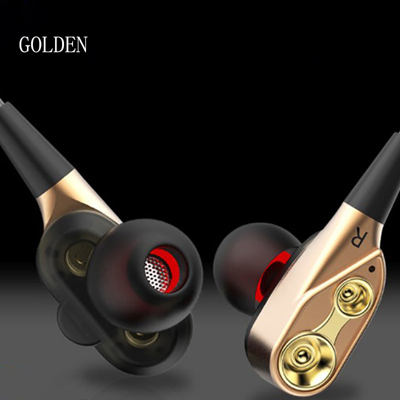 HIFI wire control earphones with HD mic double moving coil four core power bass stereo denoise Gold Plated 3.5mm plug music sports headsets