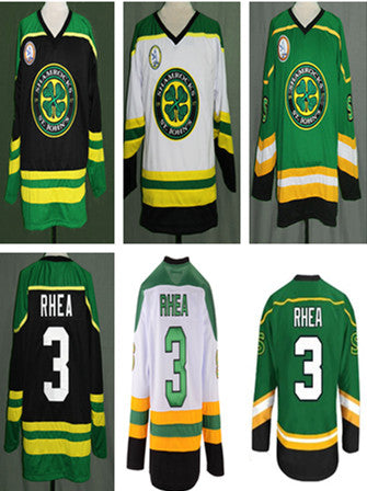 Custom Ross &quot;The Boss&quot; Rhea GOON Movie St John&#039;s Shamrocks Ice Hockey Jersey Men&#039;s Embroidery Any Name Number Jersey Green Black