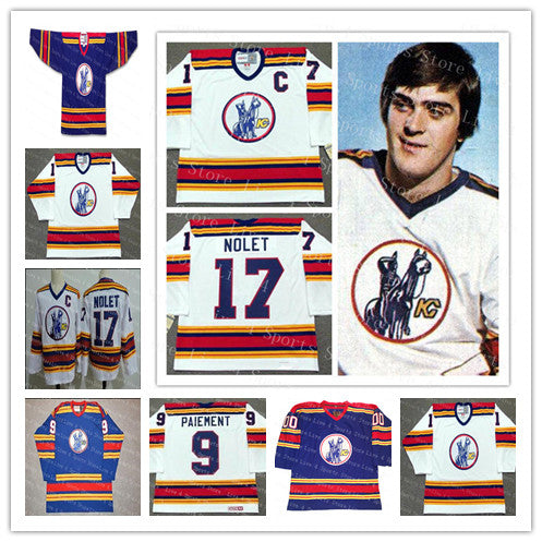 Custom Kansas City Scouts Men&#039;s College Hockey Simon Nolet Denis Herron Steve Durbano White Blue Alternate1974-1976 Vintage Name Jerseys