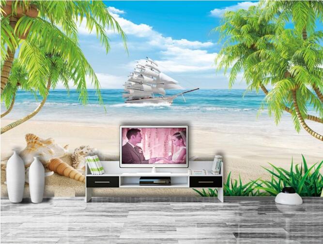3d wallpaper custom photo Shell beach coconut palm sailing ocean background living room Home decor 3d wall muals wall paper for walls 3 d