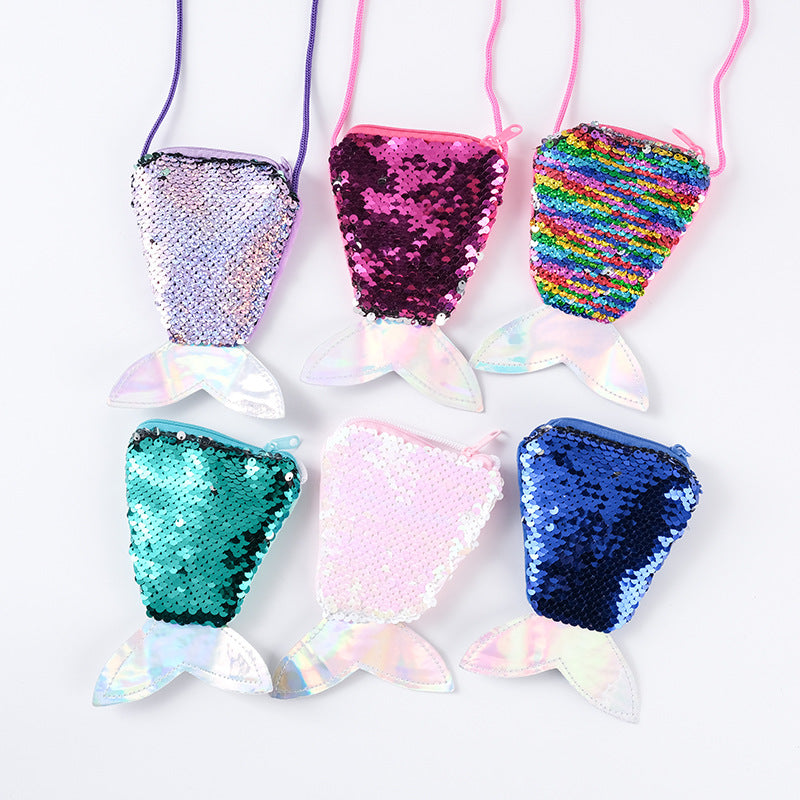 Kids Glitter Mermaid Sequins Coin Purses With Lanyard Beautiful Fish Shape Tail Girls Coin Pouch Bag Small Portable Glittler Wallet