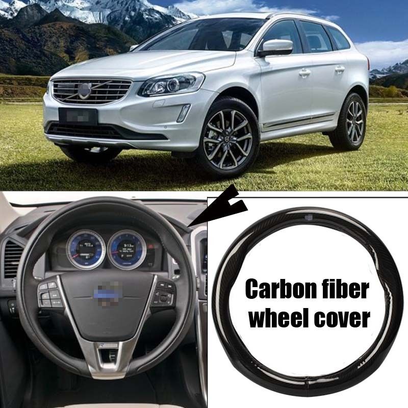 For Volvo XC60 Car Carbon Fiber Leather Steering Wheel Cover Sport Racing Black