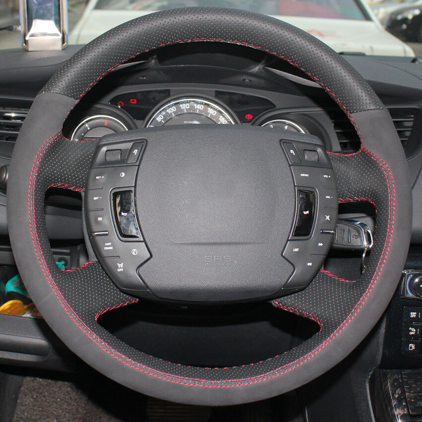 Black Leather Black Suede Hand-stitch Car Steering Wheel Cover for Citroen C5