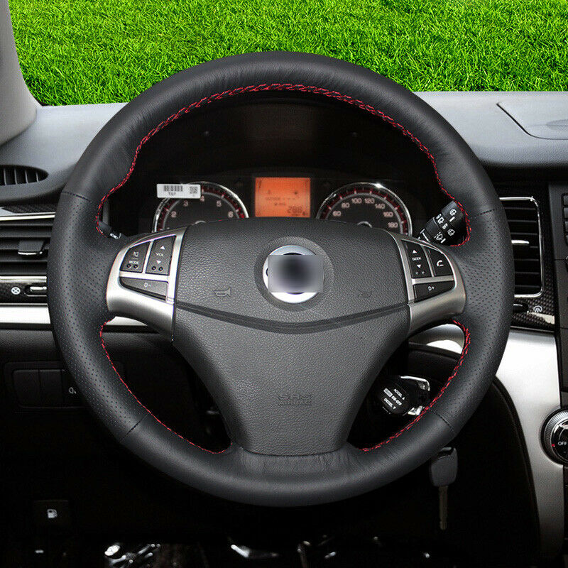 black leather red stitch custom car steering wheel cover for Ssangyong kelando