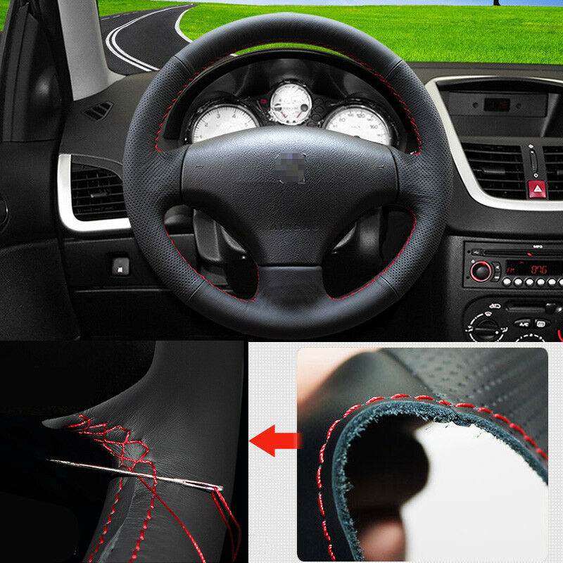 For Peugeot 206-207 Steering Wheel Cover Non-slip DIY Hand Sewing Black Leather