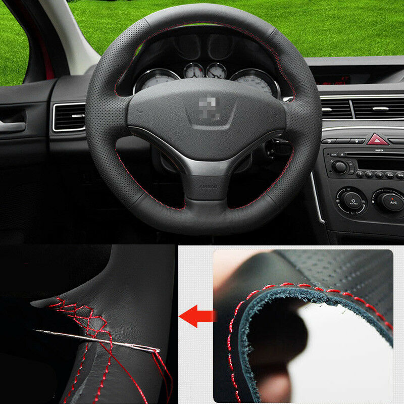 For Peugeot 408 Car Steering Wheel Cover Non-slip DIY Hand Sewing Black Leather