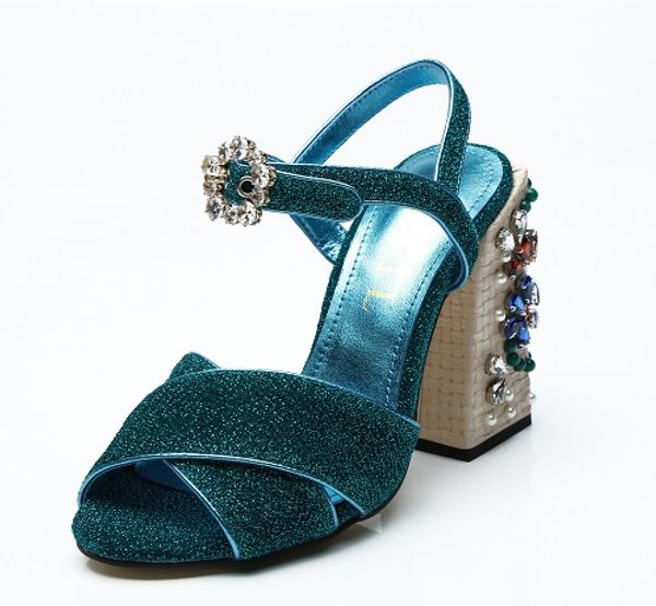 Free Shipping 2024 Ladies Leather Diamond Pearl Chunky 10CM High Heel Peep-toes Buckle Strap SANDALS SHOES Cross-tied Blue Glitter 35-42
