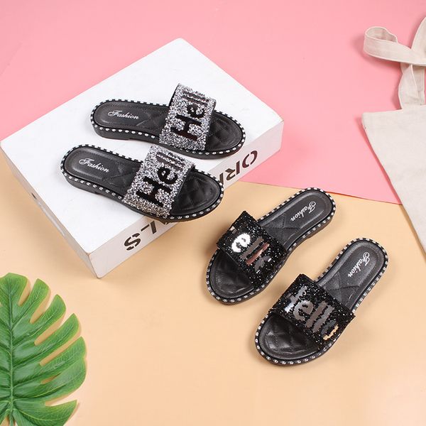 Cut-Out Rhinestone Sandals Summer Candy Slippers Woman Shoes Flats Ladies Flipflops Womens Zapatos Mujer Slip On Pearl Beach Sliders