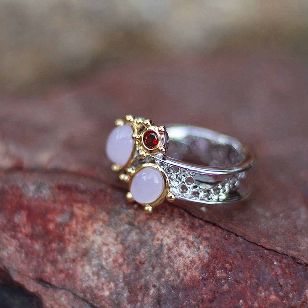 Oval pink ring Opal stones Luxury Jewellery Silver+Gold 2 Tone plated Pretty Female Finger rings