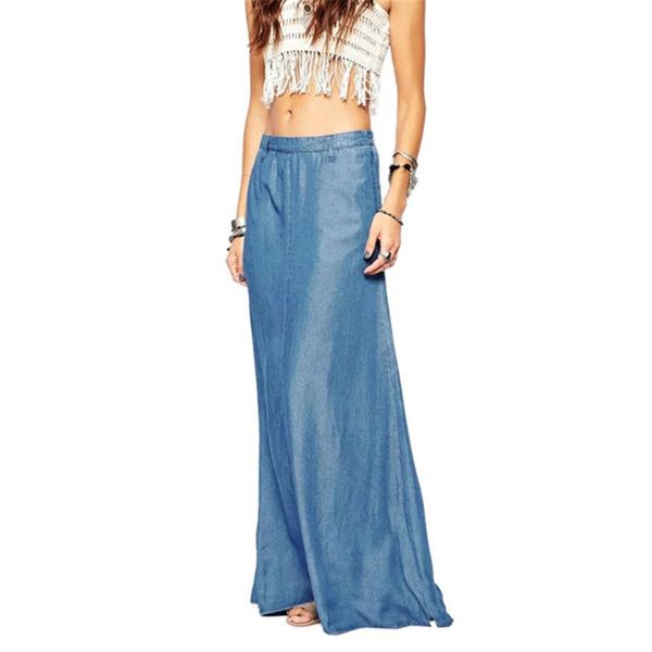 2018 Summer Long Maxi Skirt High Waisted Floor Length Denim Jeans Skirts Women Casual A Line Jupe Saia Jeans Longa With Pockets J190426