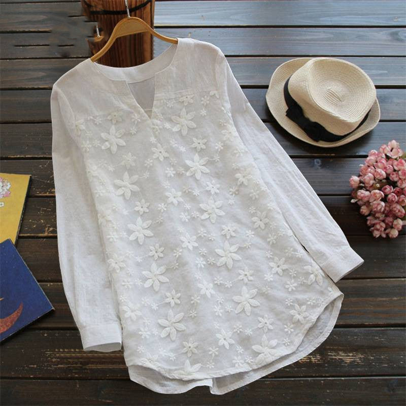 Women Blouses Plus Size Lace Floral Loose Tops White Long Sleeve Cotton Linen Shirt Casual V Neck Female Blouse