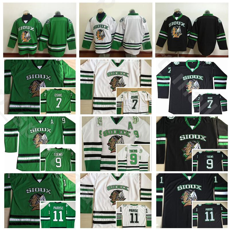 College Ice Hockey 7 TJ Oshie Jersey Men North Dakota Fighting Sioux Vinatge 9 Jonathan Toews 11 Zach Parise Stitched Black White Green