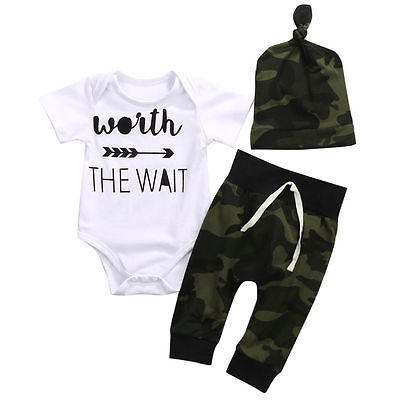 2019 Infant Newborn Baby Boy Girls Cotton Short Sleeve Letter Romper Jumpsuit Playsuit with Camouflage Hat Pants 3PCS Clothes Set NEW