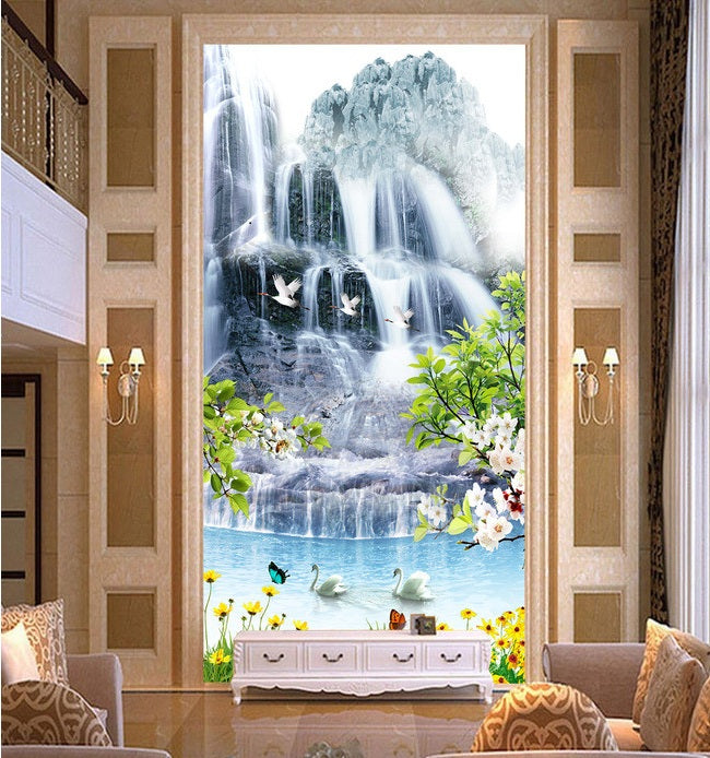 WDBH 3d wallpaper custom photo Alpine waterfall lake swan porch background home decor living room 3d wall muals wall paper for walls 3 d