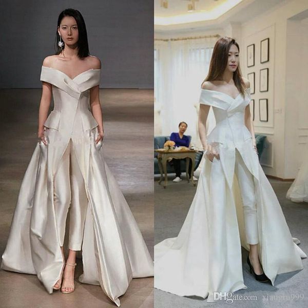 Waishidress Women Dresses Jumpsuit With Long Train White Evening Gowns Off Shoulder Sweep Train Elegant Prom Dress Vestidos Festa