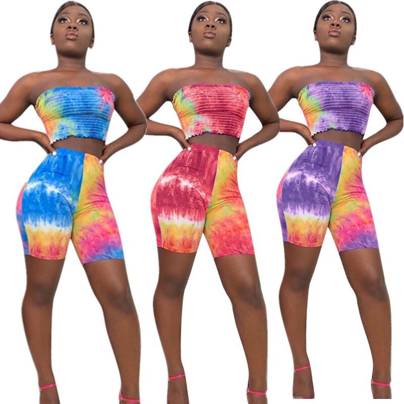 Fashion Women Shinny Tie dyeing Two Piece Set Bodycon Tube Tops Shorts Wrap Chest Summer Boho Sleeveless Outfits Sport Jumpsuit Sets