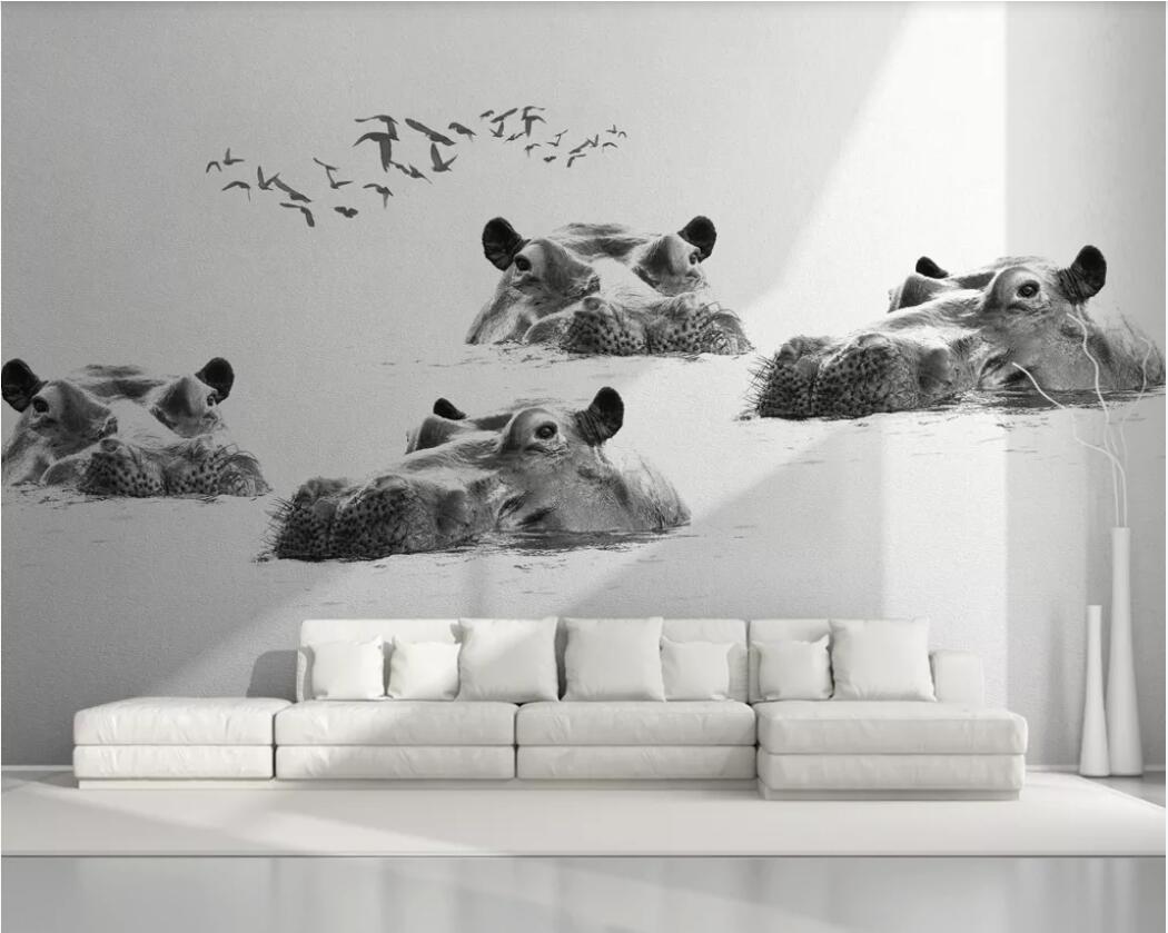 3d room wallpaper custom photo mural Nordic minimalist hippo flying bird black and white background wall paper mural wallpaper for walls 3 d