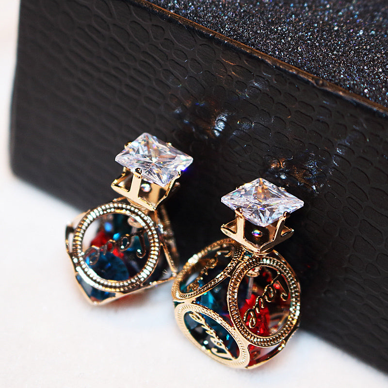 fashion designer cage box double sided colorful diamond crystal super glittering stud earrings for women girls