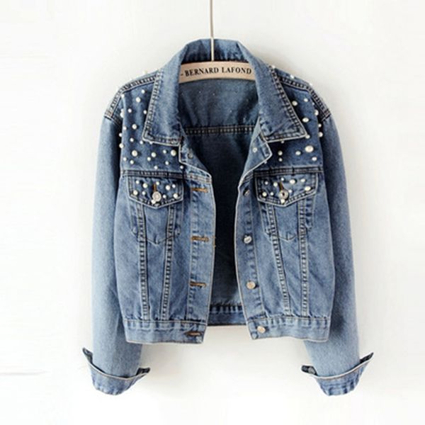 Women Jeans Denim Jacket Embroidered Pearls Oversized Vintage Long Sleeve Casual Coat bomber jacket